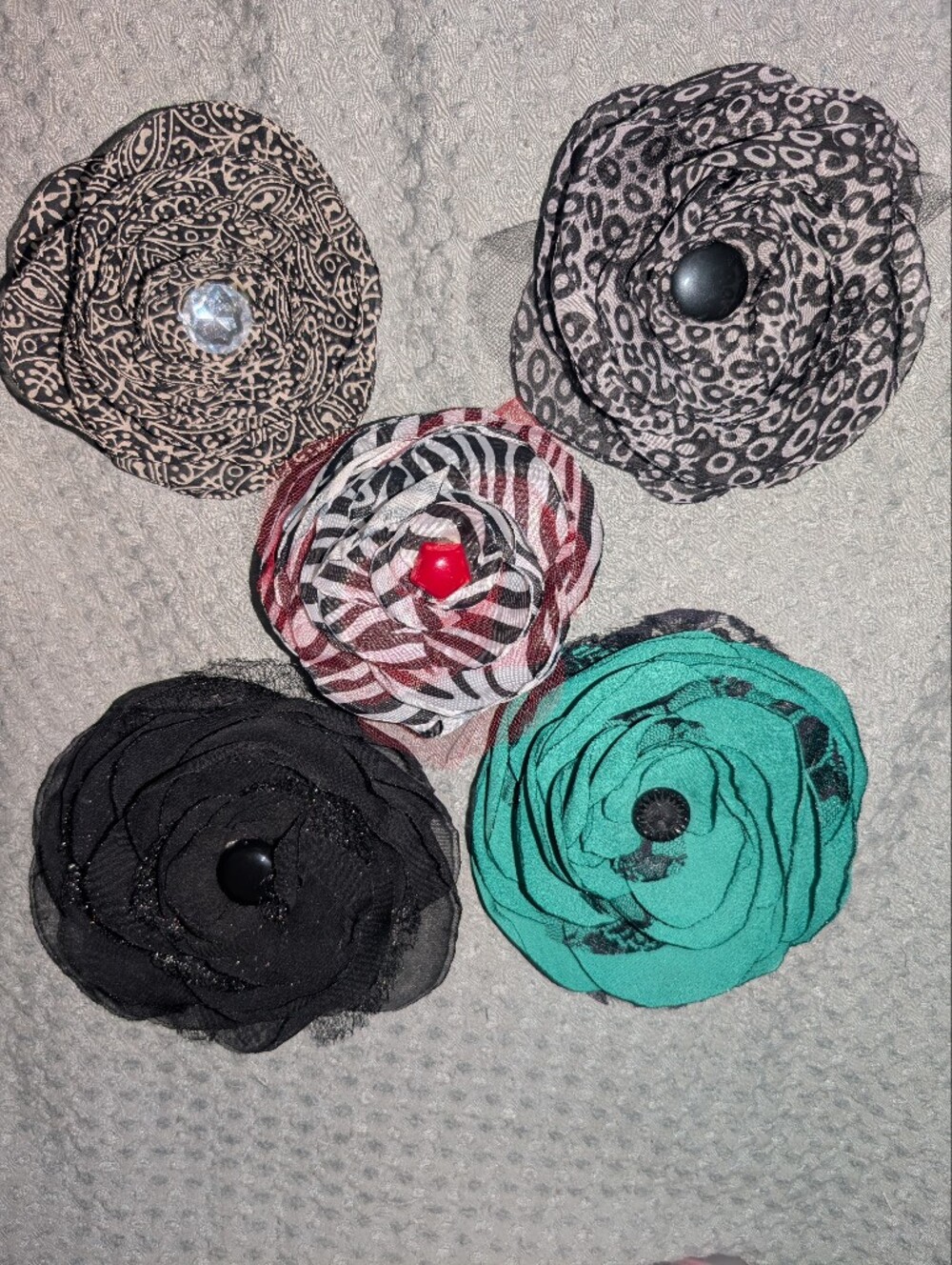Floral Fabric Brooch Pin - Teal, Black, Red, Gray Mix